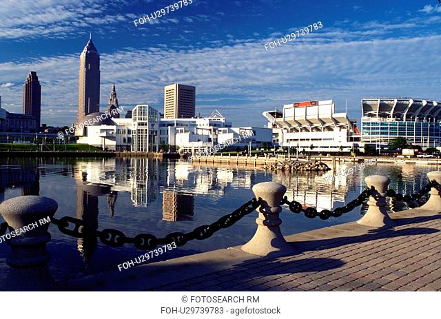 Cleveland, OH, Ohio, Skyline of downtown Cleveland and Cleveland Browns Stadium along the waterfront of North Coast Harbor
