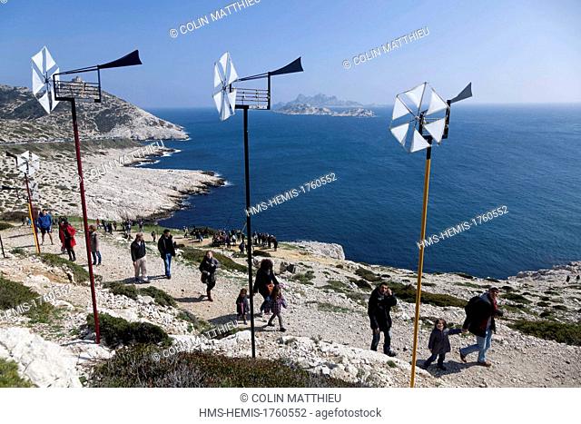 France, Bouches du Rhone, Calanques National Park, Marseille, the Goudes Field Harmonic, instalations and musical wind turbines in the creeks of Pierre...