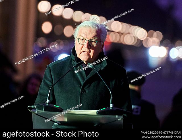 20 February 2023, Berlin: Frank-Walter Steinmeier, Federal President, delivers a speech in front of the Brandenburg Gate to commemorate the victims of the...