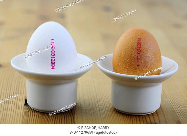 A white and brown chicken egg with stamps