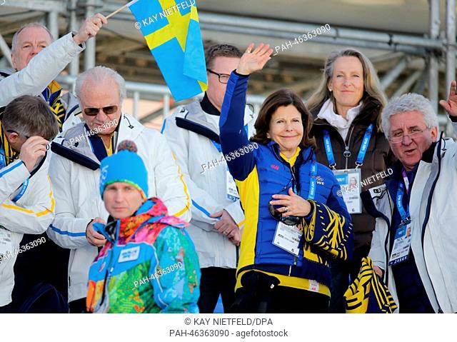 King Carl Gustaf of Sweden (C) and Queen Silvia of Sweden (R) seen in the stands during the Men's 15km Classic Cross Country event in Laura Cross-country Ski &...