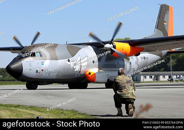 03 June 2021, Mecklenburg-Western Pomerania, Barth: A Bundeswehr Transall aircraft specially painted for its farewell flight has landed for the last time at...