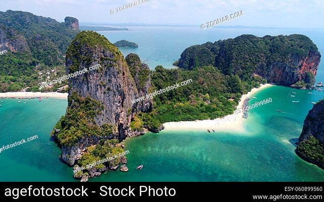 Aerial view of Railay beach and coastline in Krabi province, Thailand