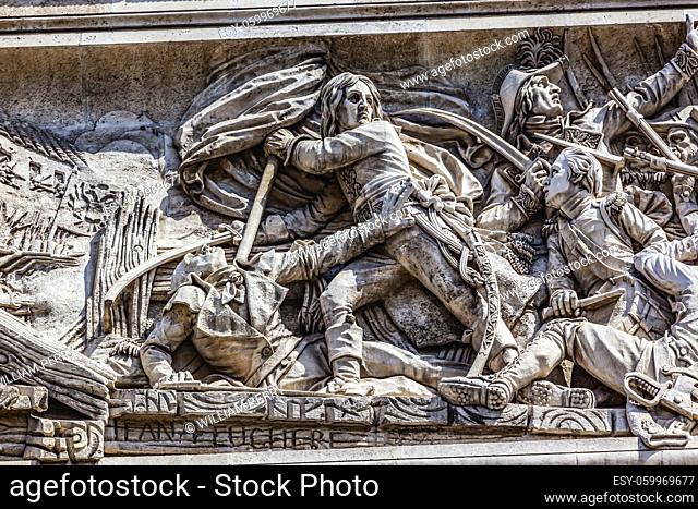 Napoleon Taking Flag Battle Arcole Bridge Arc de Triomphe Paris France. Up to Champs Elysees, site of French Unkown soldier