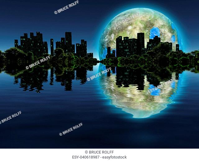 Surreal digital art. Future city with green trees on a water surface. Giant terraformed moon in the sky