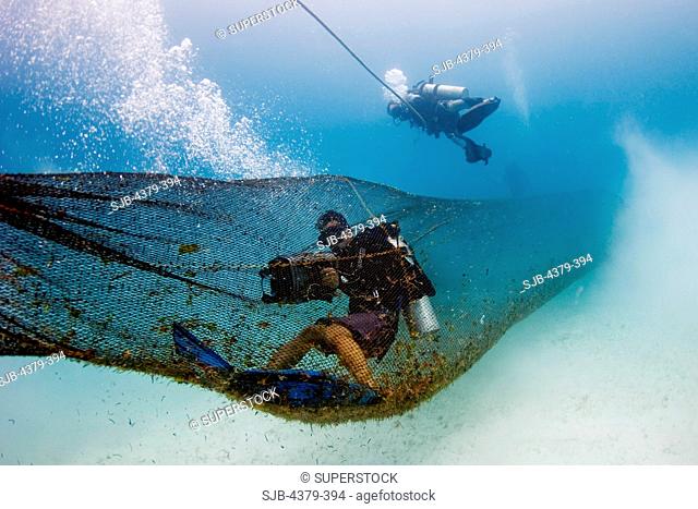 A diver films while inside a trawl net, Sabah, Malaysia. The nets are known to trap species such as sea turtles and dolphins