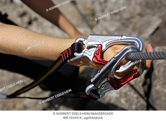 Hands of a rock climber on Hindelanger climbing route, Oberstdorf, Allgaeu, Bavaria, Germany, Europe
