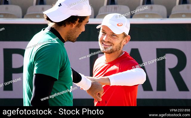 Belgian David Goffin (R) and Italy's Matteo Berrettini pictured after a training session ahead of the Roland Garros French Open tennis tournament, in Paris