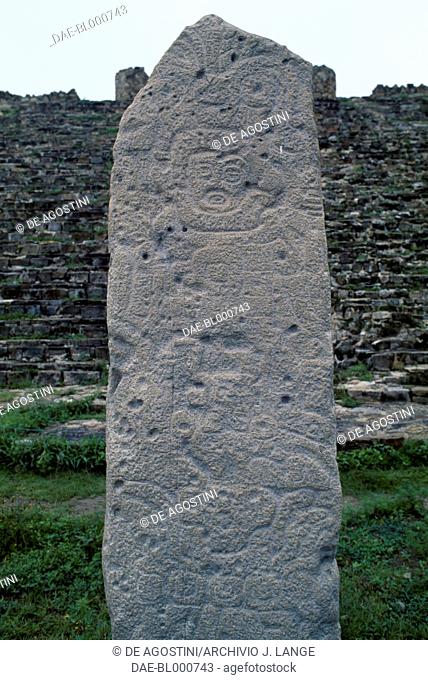 Stela 18, north side of System IV, Monte Alban (Unesco World Heritage List, 1987), Valley of Oaxaca, Mexico. Zapotec civilisation, 7th century BC-16th century