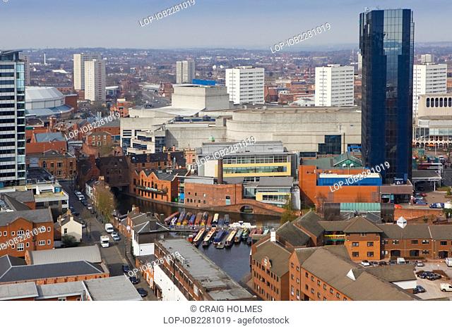 England, West Midlands, Birmingham. View over Gas Street Basin of the Birmingham skyline featuring Broad Street, ICC Birmingham and the Hyatt Regency hotel