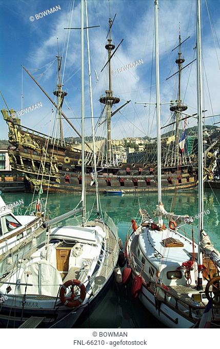 Sailboats at harbor, Genoa, Liguria, Italy