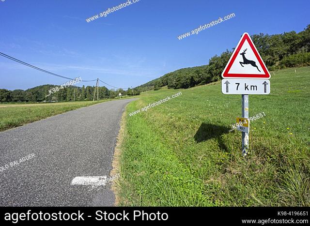signs for loose animals, regional road, Ariège Pyrenees regional natural park, Arize massif, French Republic, Europe