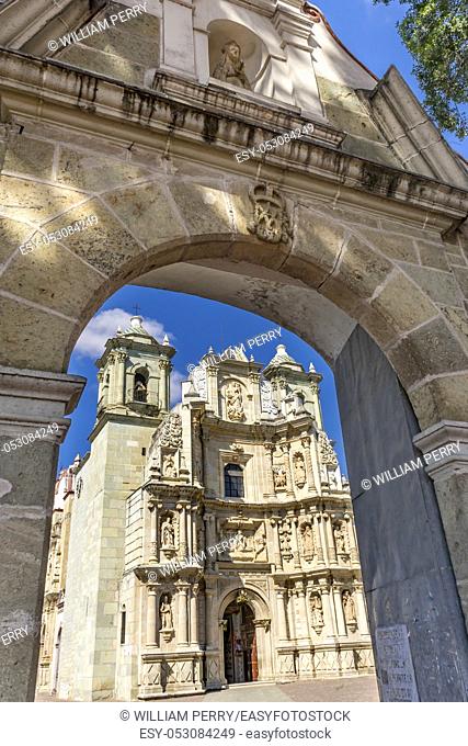 Stone Arch Mary Statue Basilica Our Lady of Solitude Nuestra Senora Soledad Facade Church Oaxaca Mexico. Built in 1690