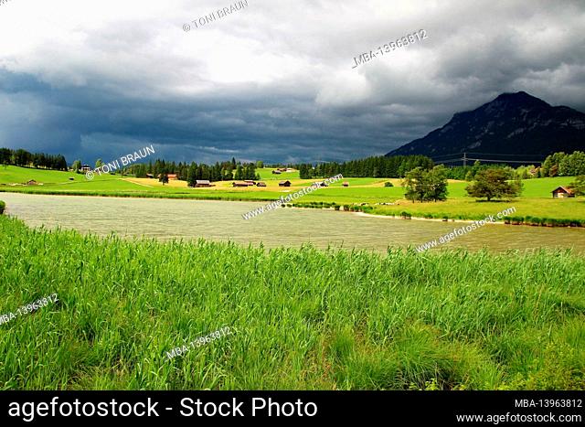 Thunderstorm mood at the Schmalensee looking towards Signalkopf, Krön. Mittenwald, Werdenfelser Land, Upper Bavaria, Bavaria, Germany, mountain sheep, reeds