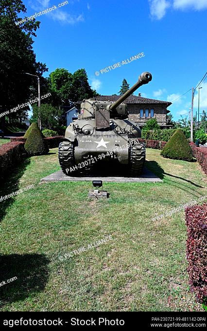 02 July 2023, Belgium, Vielsalm: A U.S. M4A1 Sherman main battle tank from World War II erected as a monument in Vielsalm, Belgium as a memorial