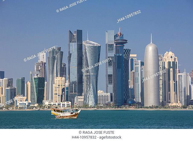 Al Bidda, Burj, Doha, Qatar, Middle East, World Trade Center, architecture, bay, boat, city, colourful, corniche, futuristic, skyline, skyscrapers, touristic