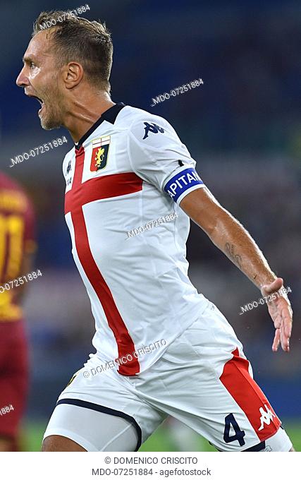 Genoa football player Domenico Criscito celebrates after score the goal during the match Roma-Genoa in the Olimpic Stadium
