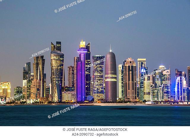 Qatar , Doha City, The Corniche , West Bay Skyline at sunset