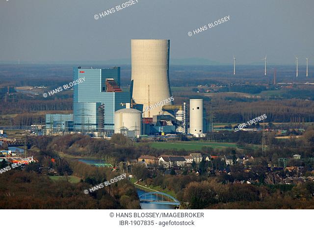 Aerial view, Kohlekraftwerk EON Datteln 4 coal power plant, on the Dortmund-Ems Canal, building freeze, Castrop-Rauxel, Ruhrgebiet region