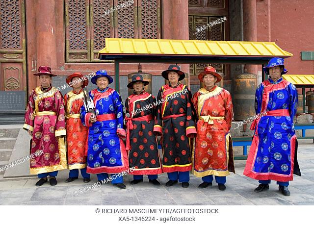 Chinese musicians in traditional costumes, Puning Temple, Chengde, China