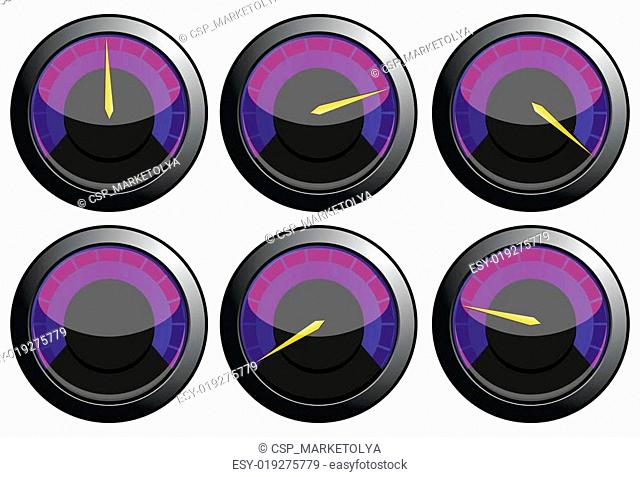 Set of purple speedometers for car or power or termometers, vector illustration