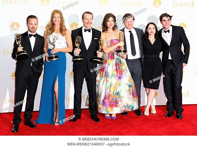 The 66th Primetime Emmy Awards at the Nokia Theatre - Pressroom Featuring: Aaron Paul, Anna Gunn, Bryan Cranston, Betsy Brandt Where: Los Angeles, California