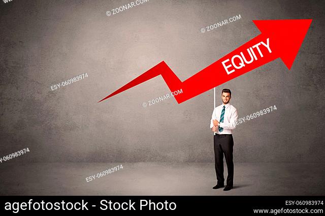 Young business person in casual holding road sign with EQUITY inscription, business direction concept