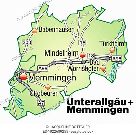 Karte von Unterallgaeu-Memmingen mit Verkehrsnetz in Pastellgrün