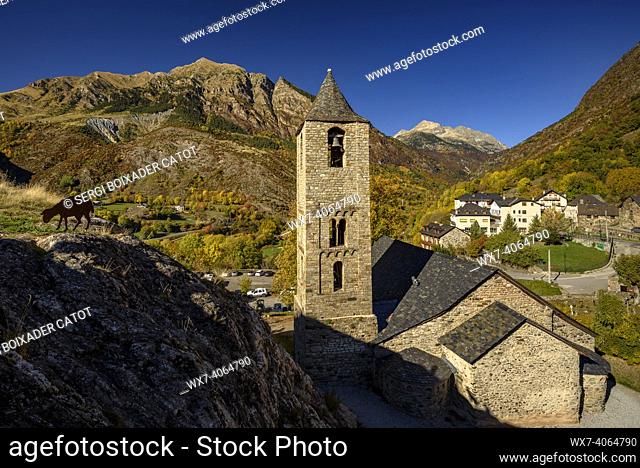 Romanesque church of Sant Joan de Boí in autumn (Vall de Boí, Catalonia, Spain, Pyrenees)