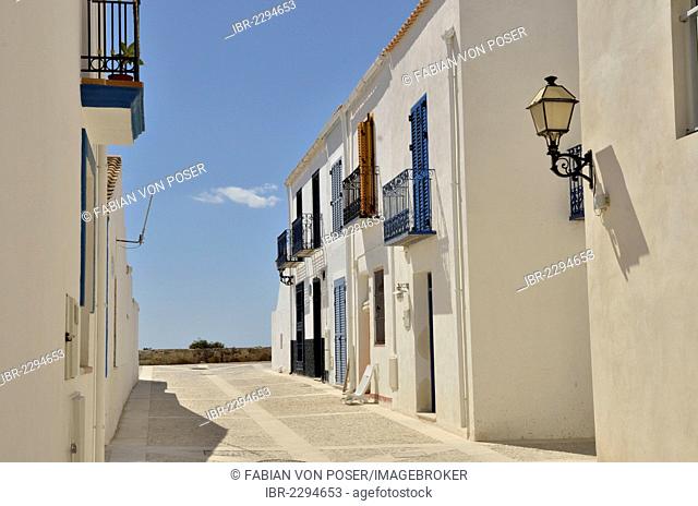 White facades in the old town of Tabarca, Island of Tabarca, Isla de Tabarca, Costa Blanca, Spain, Europe