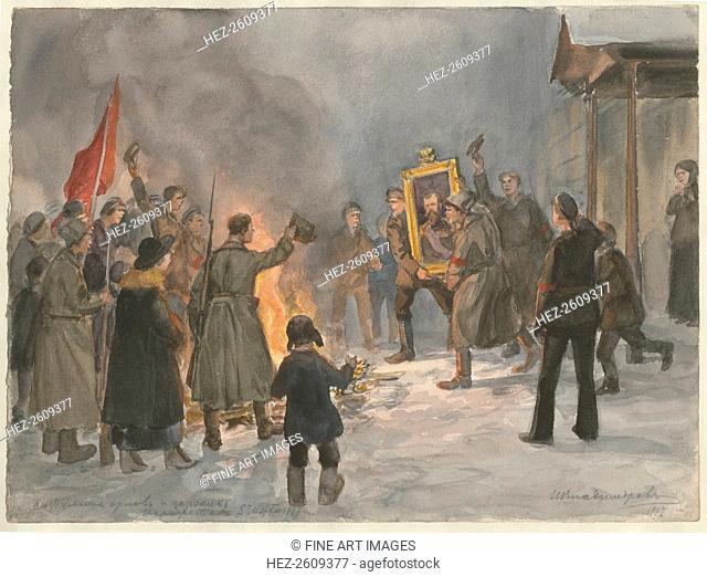 Soldiers burning paintings (from the series of watercolors Russian revolution), 1917. Artist: Vladimirov, Ivan Alexeyevich (1869-1947)