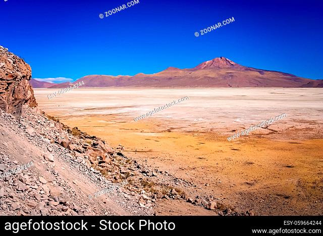 Dry land plain in the Altiplano mountains near Salar de Uyuni in summer, Andes, Bolivia