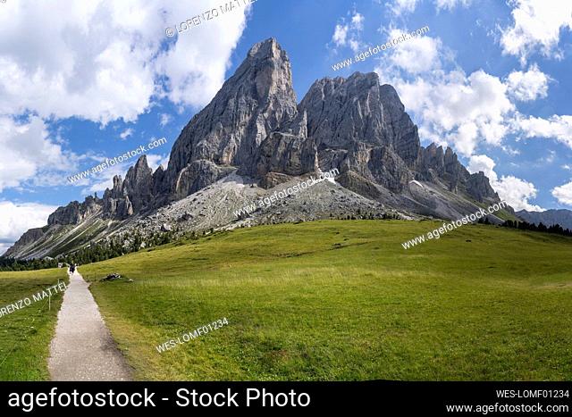 Scenic view of Wurzjoch pass and Peitlerkofel mountain in summer