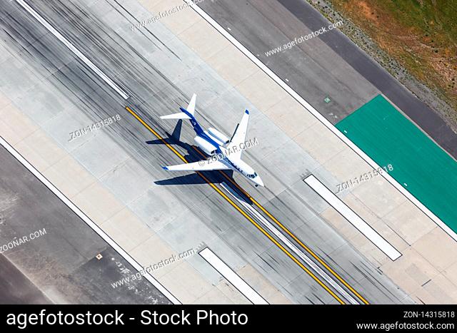 Los Angeles, California ? April 14, 2019: Aerial view of Wheels Up Cessna 750 Citation X airplane at Los Angeles airport (LAX) in the United States