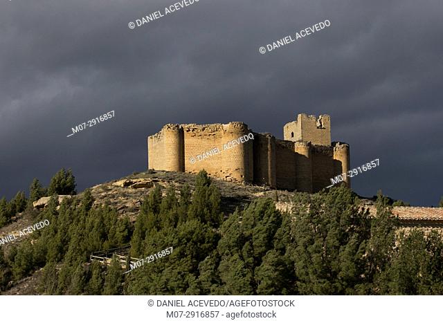 San Asensio, Davalillo castle and wine scape in spring time, La Rioja wine region, Spain, Europe