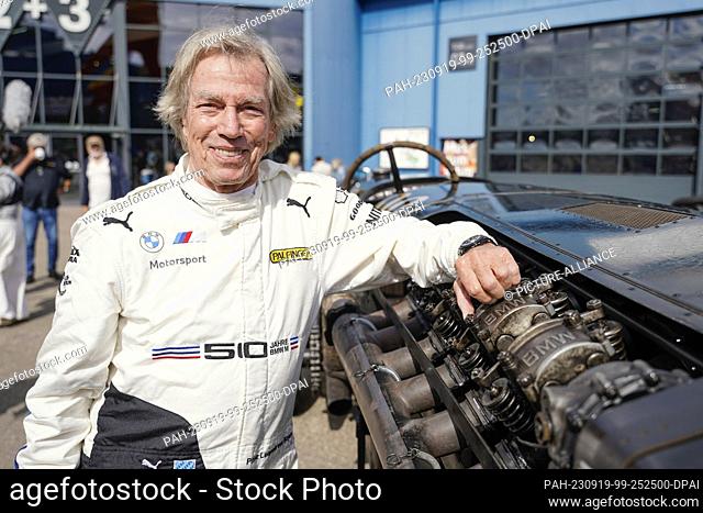 19 September 2023, Baden-Württemberg, Sinsheim: Former racing driver Leopold Prince of Bavaria stands by the ""Brutus"" racing car at the Sinsheim Museum of...