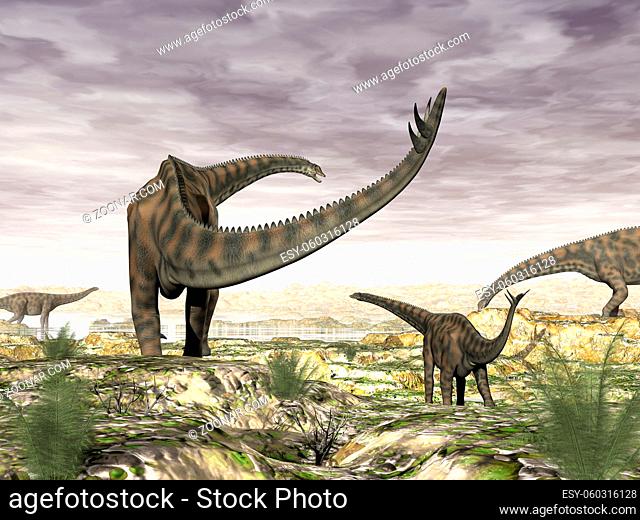 Spinophorosaurus dinosaurs herd going to drink by sunset - 3D render