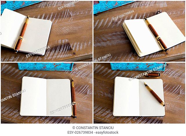 Photo Collage of classic fountain pen and open notebook on wooden table, copy space available