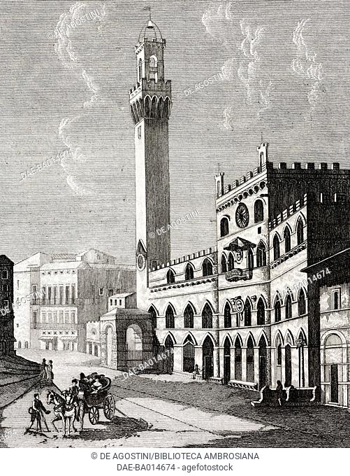 Piazza del Campo in Siena, Tuscany, Italy, engraving from L'album, giornale letterario e di belle arti, Saturday, March 18, 1837, Year 4