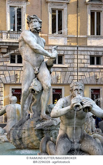 Statue of an African man fighting against a dolphin, by Antonio Mari, Fontana del Moro fountain, Piazza Navona square, Rome, Lazio region, Italy, Europe