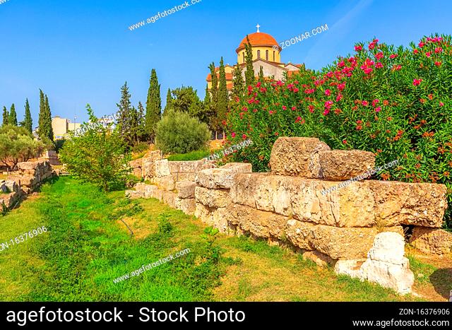 Athens, Greece church of Agia Triada Holy Trinity and remains of ancient Kerameikos Quarter