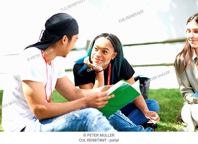 College students reading and talking in campus
