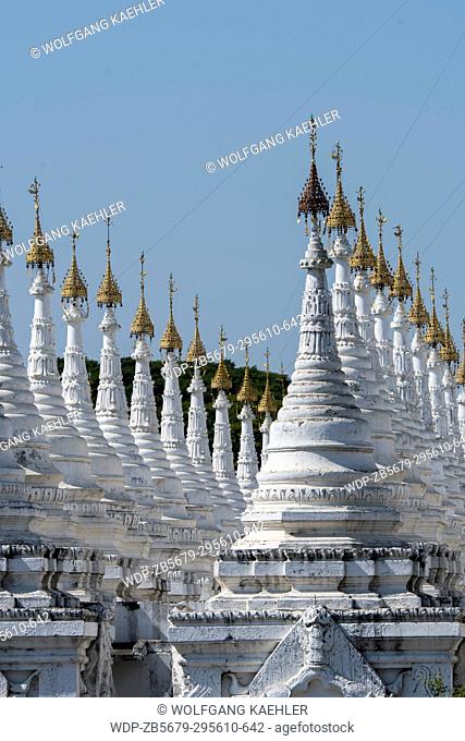 View of rows of stupas (shrines containing inscribed marble slabs) at the Sandamuni Pagoda on the foot of Mandalay Hill, Mandalay, Myanmar