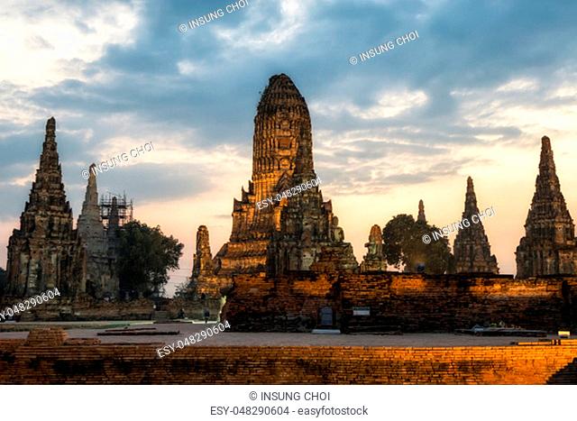 Wat Chaiwatthanaram main central Prang taken during sunset hours nearby the riverside. Taken in Ayutthaya, Thailand