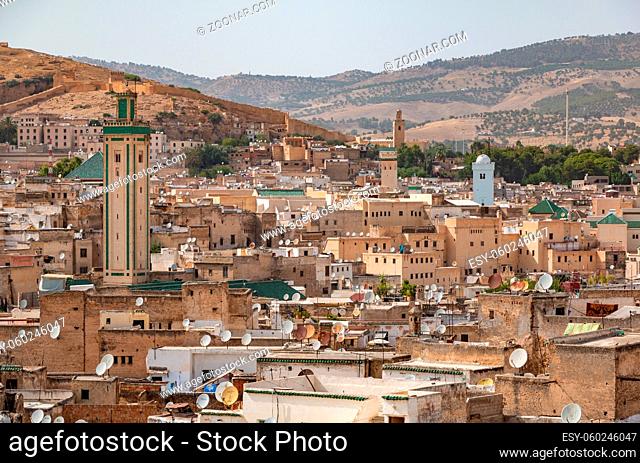 A picture of the rooftops and cityscape of Fez's old medina, i.e. Fes el Bali