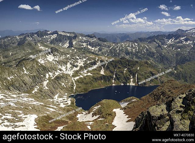 Pyrenees mountains seen from the summit of Pic de Certascan in summer (Alt Pirineu Natural Park, Catalonia, Spain, Pyrenees)