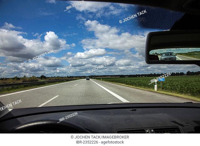 Driving along the motorway, A 24, near Wittenburg, Mecklenburg-Western Pomerania, Germany, Europe