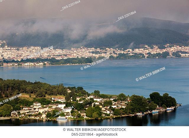 Greece, Epirus Region, Ioannina, elevated city view, Lake Pamvotis and Nisi Island