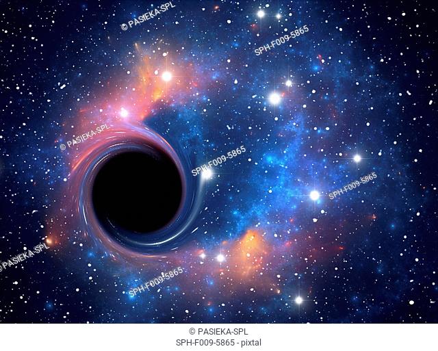 Black hole. Computer artwork representing a black hole against a starfield. A black hole is a super- dense object, thought to form from the collapse of a huge...
