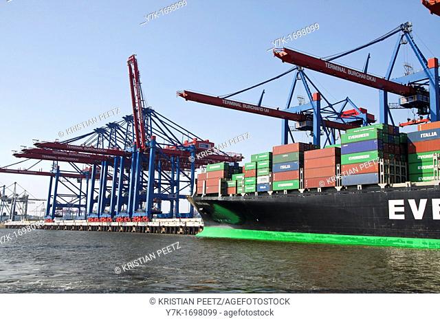 View of the activities, logistic and technical equipment of the Port of Hamburg along the river Elbe, Germany